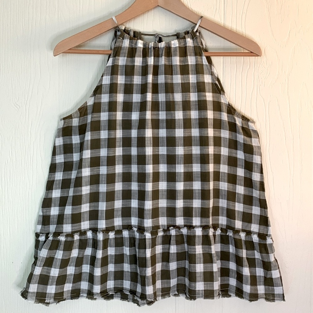 Anthropologie Cloth + Stone Gingham Check Olive White Peplum Tank Small